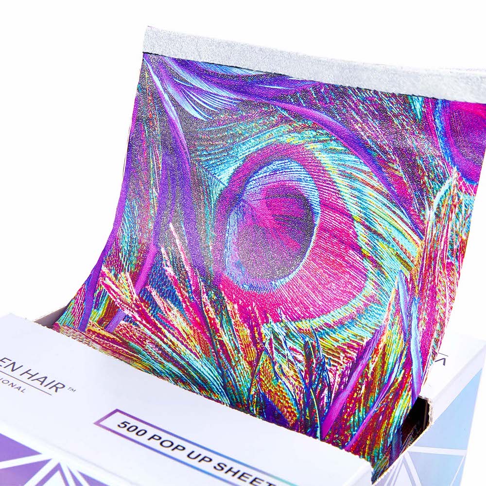 Papier aluminium pop-up pour mèches Vellen Hair – 500 feuilles 12,7 x 28 cm – 15 microns – Plumes de paon