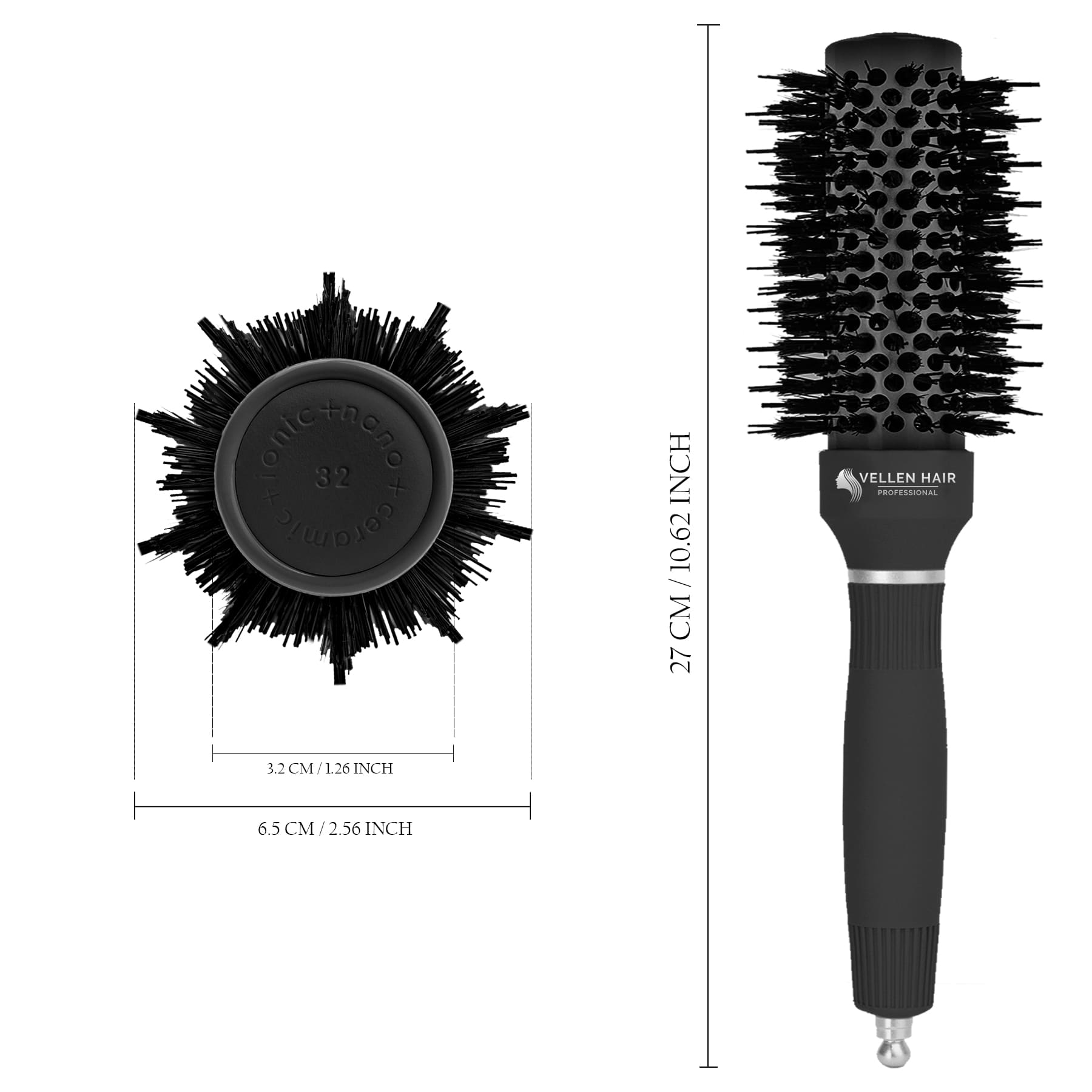 Brosse à cheveux ronde en céramique/ionique 1,3 pouce / 32 mm - Noir
